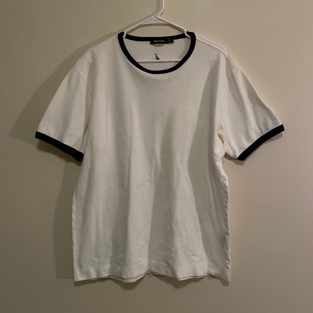 🤝 Nautica Mens Short Sleeve Tee w/ Navy Blue Hem 🤝